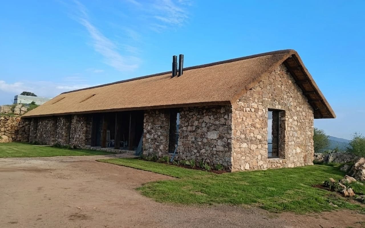 Natural stone mountain lodge with premium Cape Reed thatched roof blending into the rugged Sierra Morena landscape, Almuradiel, Ciudad Real